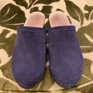UGG purple suede clogs with nail trim.